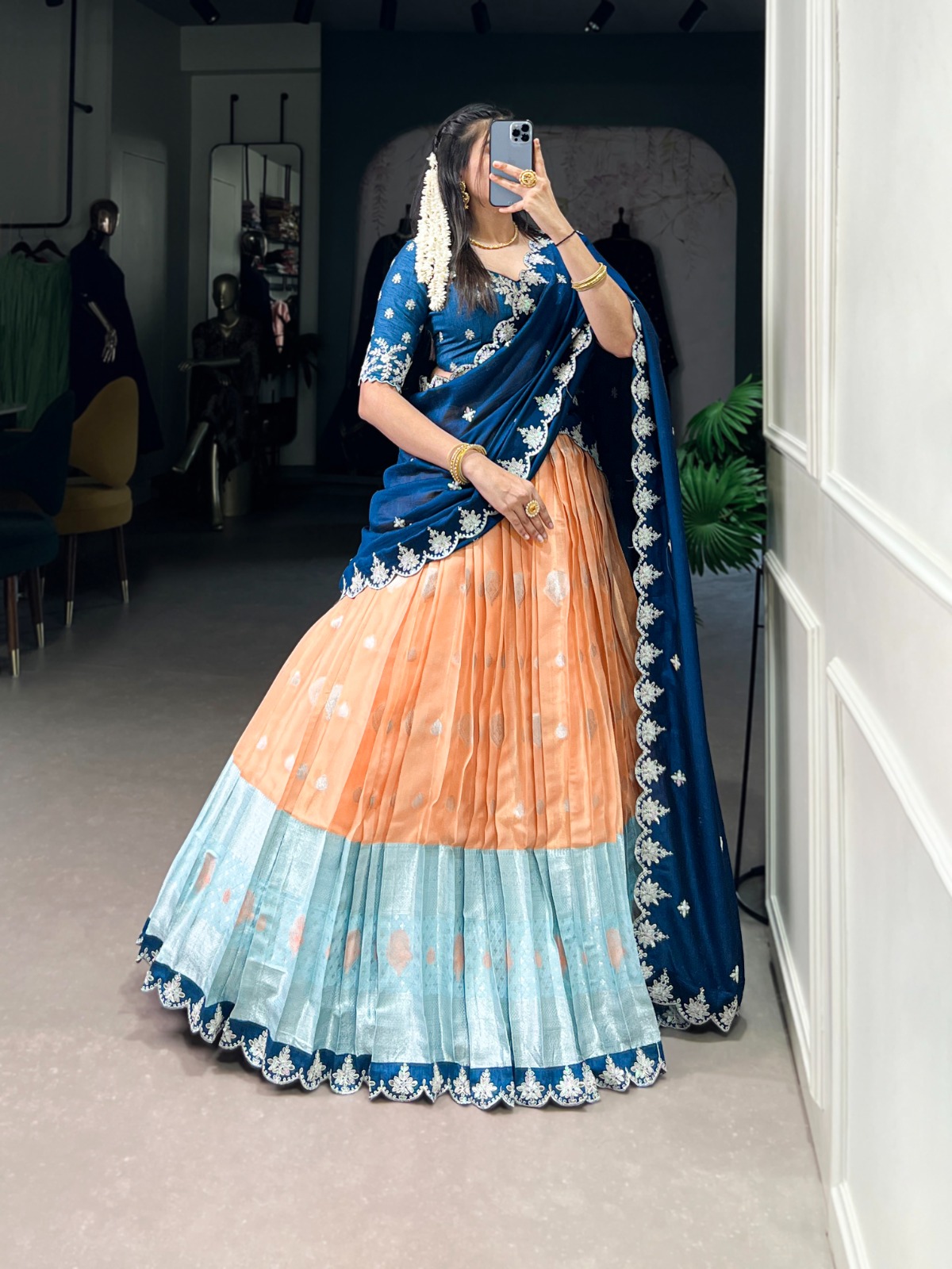 Orange Zari Kota Thread Lehenga Choli | Lehenga, Bollywood Lehenga, Creative Lehenga, Designer Lehenga, Embroidered Lehenga, Party Wear Lehenga
