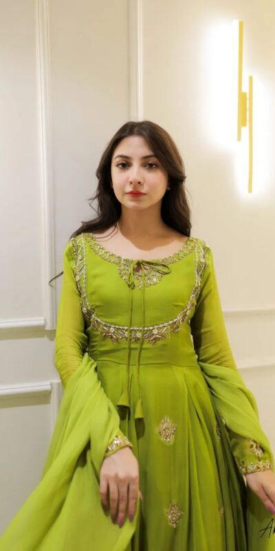Parrot Green Georgette Embroidery Work Gown | Gowns, Bollywood Gowns, Creative Gowns, Designer Gowns, Embroidered Gowns, Party Wear Gowns
