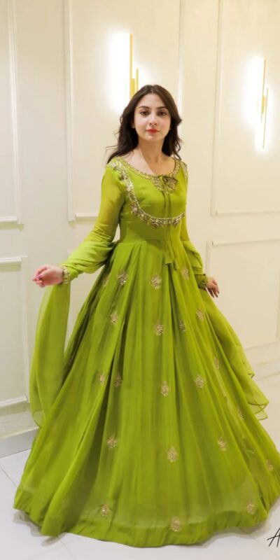 Parrot Green Georgette Embroidery Work Gown | Gowns, Bollywood Gowns, Creative Gowns, Designer Gowns, Embroidered Gowns, Party Wear Gowns