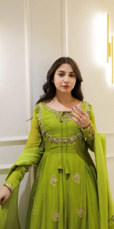 Parrot Green Georgette Embroidery Work Gown | Gowns, Bollywood Gowns, Creative Gowns, Designer Gowns, Embroidered Gowns, Party Wear Gowns