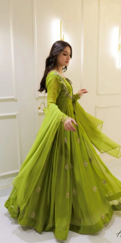 Parrot Green Georgette Embroidery Work Gown | Gowns, Bollywood Gowns, Creative Gowns, Designer Gowns, Embroidered Gowns, Party Wear Gowns