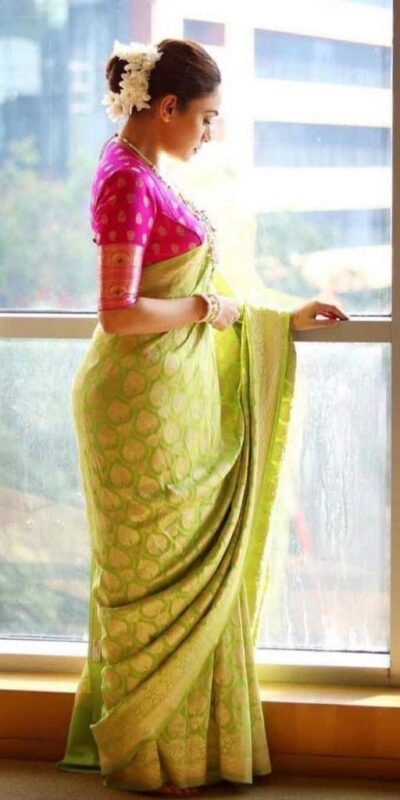 Parrot Green Soft Lichi Silk Lace Border Saree | Sarees, Bollywood Sarees, Creative Sarees, Designer Sarees, Embroidered Sarees, Ethnic Saree, Modern Digital sarees, Party Wear Sarees