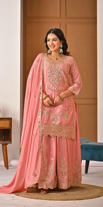 Peach Chinon Silk Embroider Lace Work Salwar Suit | Jump Suits, Salwar suit, Casual Suits, Creative suits, Designer Suits, Palazzo Suits, Party Wear Suits, Patiala Suits, Straight Suits