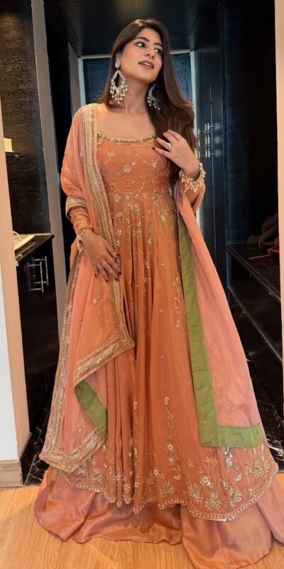 Peach Chinon Silk Sequence Lace Work Gown | Gowns, Bollywood Gowns, Creative Gowns, Designer Gowns, Embroidered Gowns, Party Wear Gowns