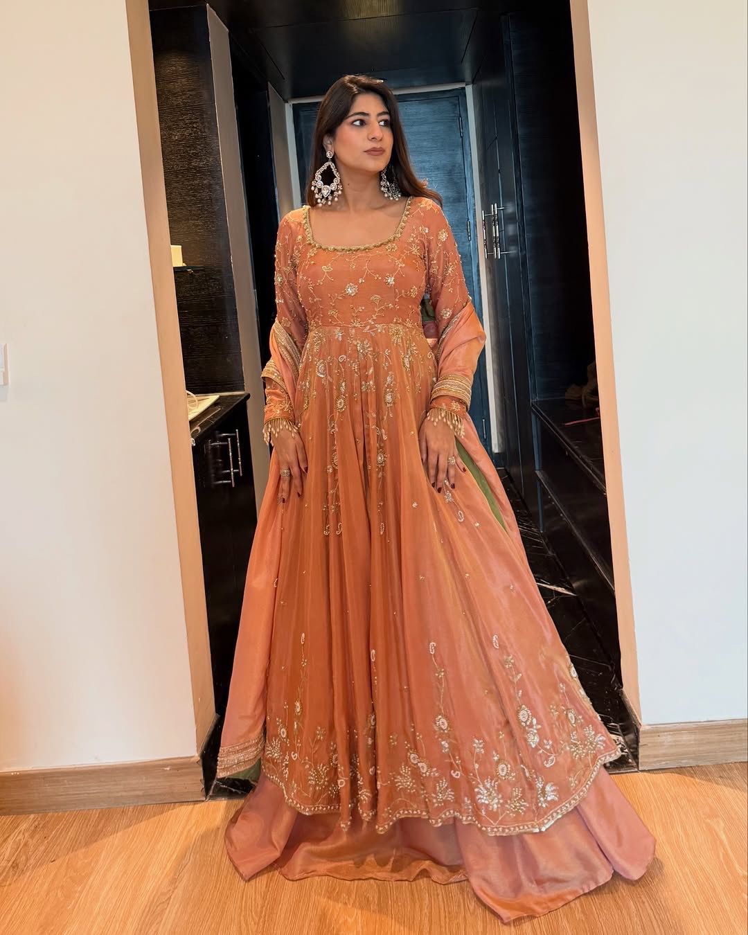 Peach Chinon Silk Sequence Lace Work Gown | Gowns, Bollywood Gowns, Creative Gowns, Designer Gowns, Embroidered Gowns, Party Wear Gowns