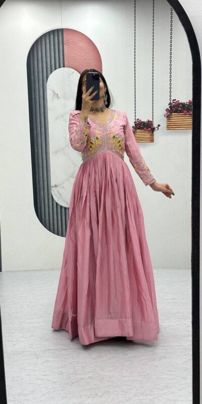 Peach Chinon Thread Embroidery Work Gown | Gowns, Bollywood Gowns, Creative Gowns, Designer Gowns, Embroidered Gowns, Party Wear Gowns