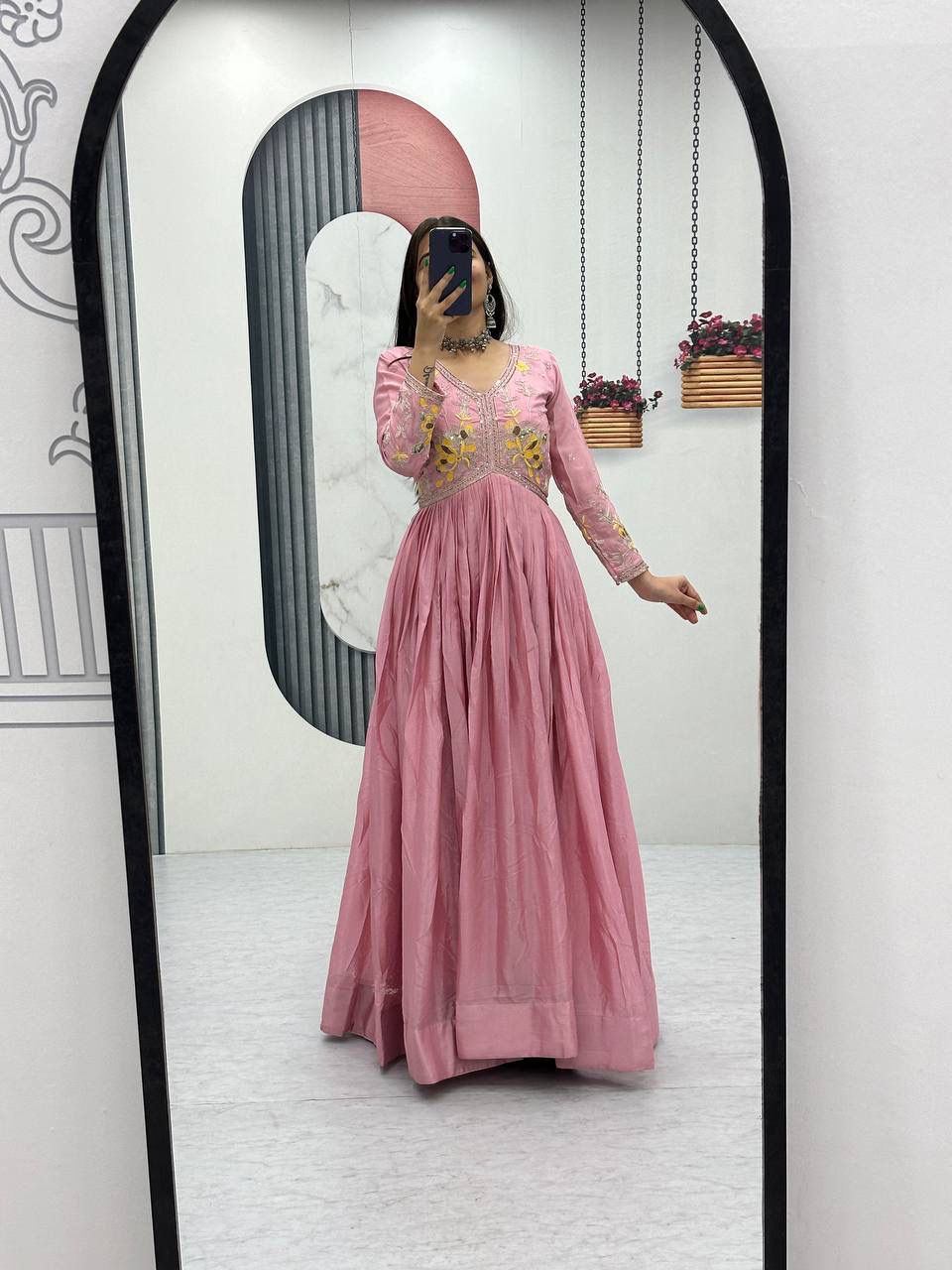 Peach Chinon Thread Embroidery Work Gown | Gowns, Bollywood Gowns, Creative Gowns, Designer Gowns, Embroidered Gowns, Party Wear Gowns