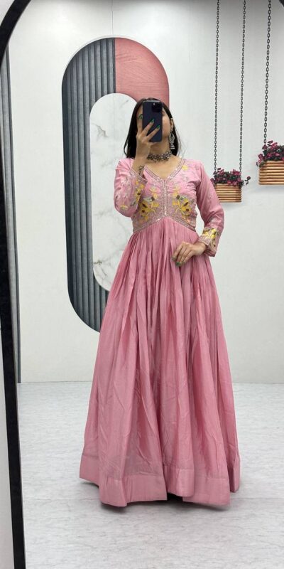 Peach Chinon Thread Embroidery Work Gown | Gowns, Bollywood Gowns, Creative Gowns, Designer Gowns, Embroidered Gowns, Party Wear Gowns