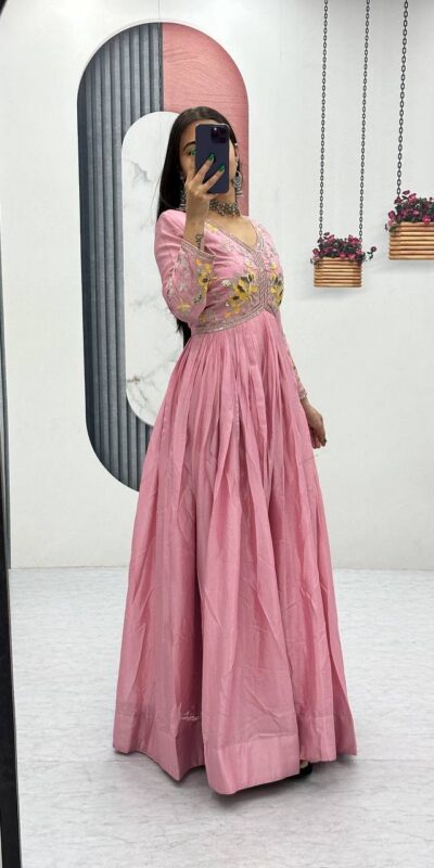Peach Chinon Thread Embroidery Work Gown | Gowns, Bollywood Gowns, Creative Gowns, Designer Gowns, Embroidered Gowns, Party Wear Gowns