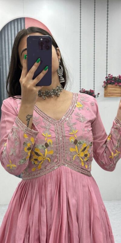 Peach Chinon Thread Embroidery Work Gown | Gowns, Bollywood Gowns, Creative Gowns, Designer Gowns, Embroidered Gowns, Party Wear Gowns