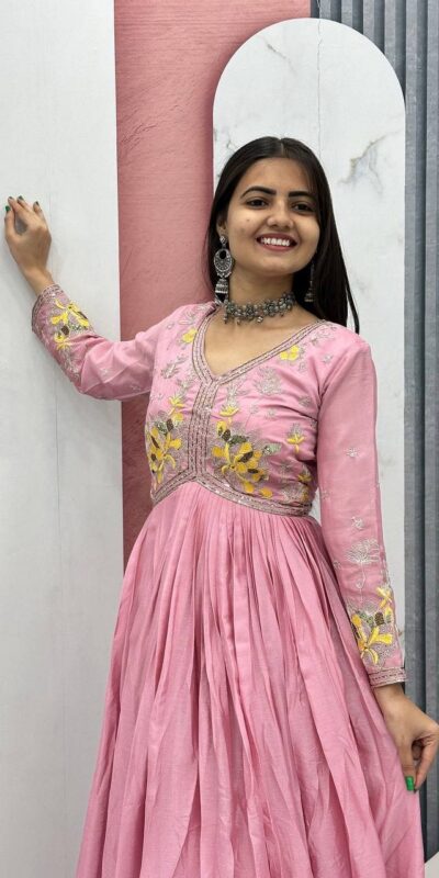 Peach Chinon Thread Embroidery Work Gown | Gowns, Bollywood Gowns, Creative Gowns, Designer Gowns, Embroidered Gowns, Party Wear Gowns