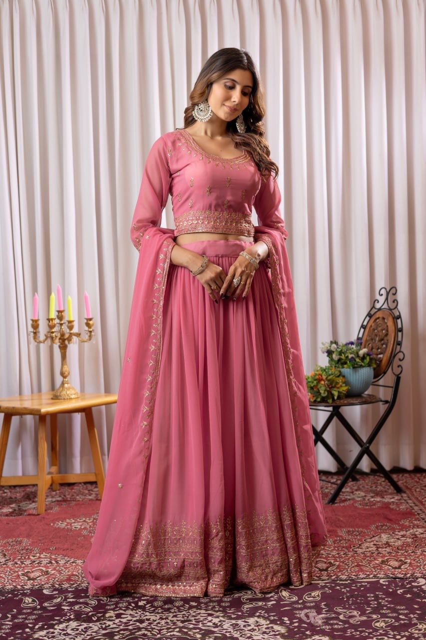 Peach fox Georgette Embroidery Work Lehenga Choli | Lehenga, Bollywood Lehenga, Creative Lehenga, Designer Lehenga, Embroidered Lehenga, Party Wear Lehenga