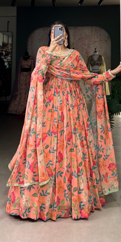 Peach Georgette Printed Gown | Gowns, Bollywood Gowns, Creative Gowns, Designer Gowns, Embroidered Gowns, Party Wear Gowns