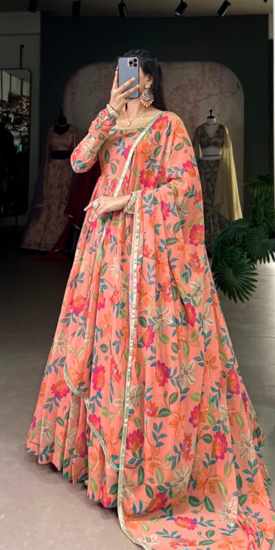 Peach Georgette Printed Gown | Gowns, Bollywood Gowns, Creative Gowns, Designer Gowns, Embroidered Gowns, Party Wear Gowns