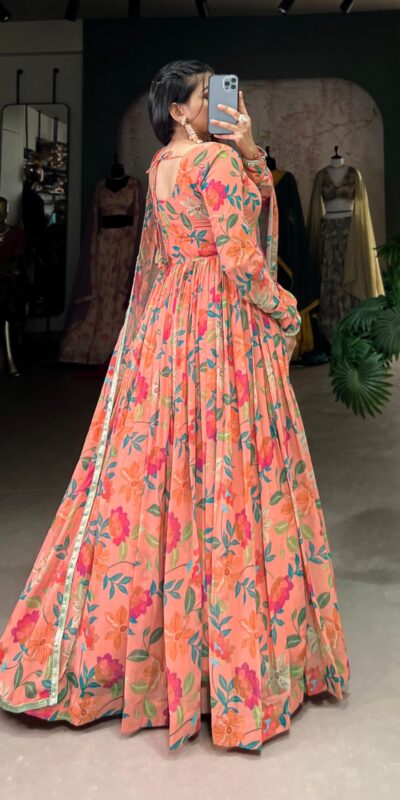 Peach Georgette Printed Gown | Gowns, Bollywood Gowns, Creative Gowns, Designer Gowns, Embroidered Gowns, Party Wear Gowns