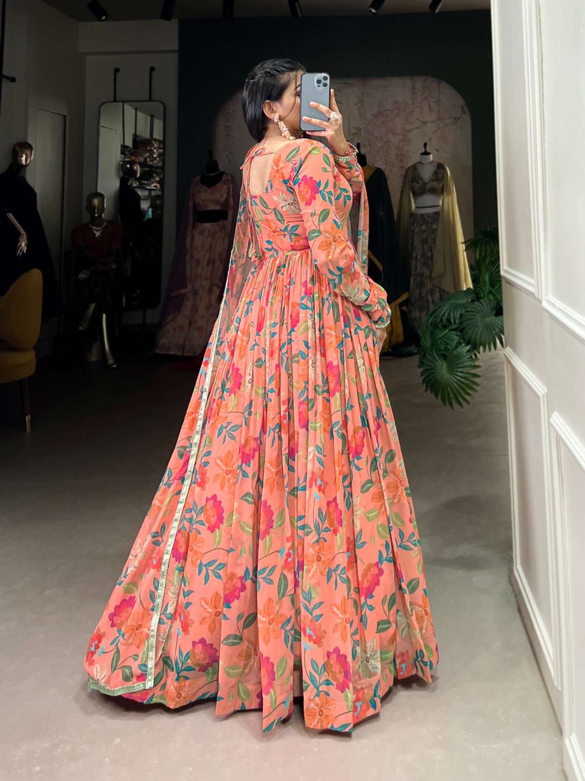 Peach Georgette Printed Gown | Gowns, Bollywood Gowns, Creative Gowns, Designer Gowns, Embroidered Gowns, Party Wear Gowns