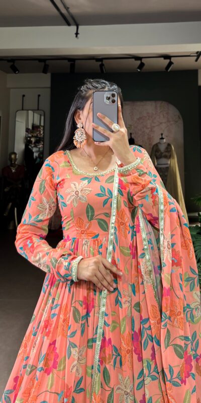 Peach Georgette Printed Gown | Gowns, Bollywood Gowns, Creative Gowns, Designer Gowns, Embroidered Gowns, Party Wear Gowns