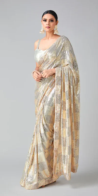 Peach Georgette Sequins Work Saree | Sarees, Bollywood Sarees, Creative Sarees, Designer Sarees, Embroidered Sarees, Ethnic Saree, Modern Digital sarees, Party Wear Sarees
