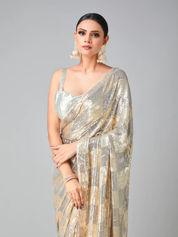 Peach Georgette Sequins Work Saree | Sarees, Bollywood Sarees, Creative Sarees, Designer Sarees, Embroidered Sarees, Ethnic Saree, Modern Digital sarees, Party Wear Sarees