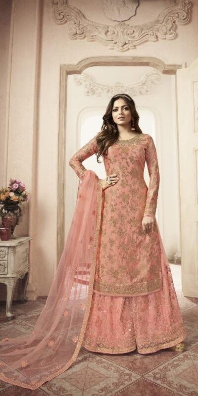 Peach Jacquard Silk Georgette Diamond Sharara Suit | Jump Suits, Salwar suit, Casual Suits, Creative suits, Designer Suits, Palazzo Suits, Party Wear Suits, Patiala Suits, Straight Suits