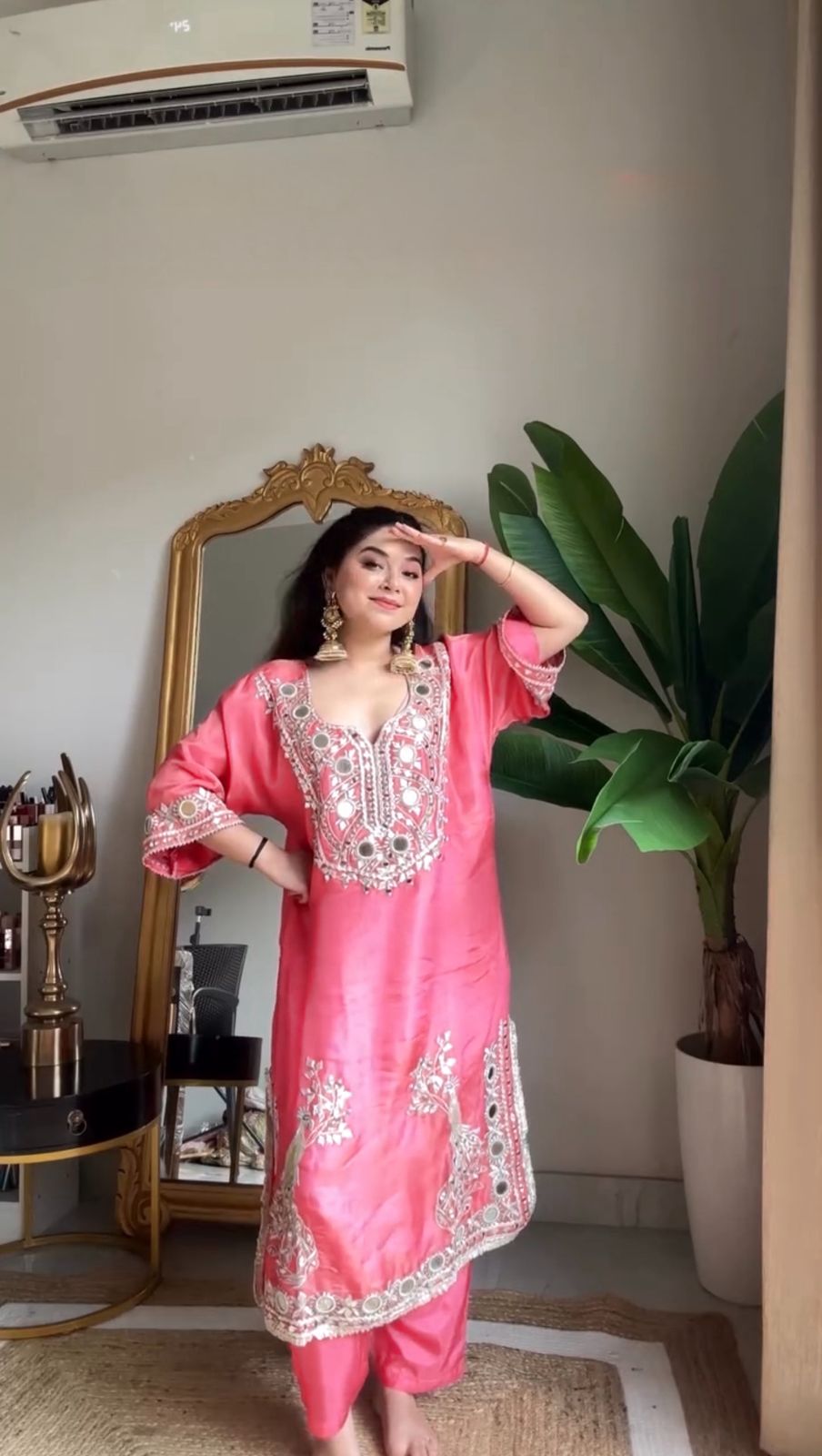 Peach Roman Silk Mirror Work Salwar Suit | Jump Suits, Tops & Bottoms, Track Suits, Salwar suit, Casual Suits, Creative suits, Designer Suits, Palazzo Suits, Party Wear Suits, Patiala Suits, Straight Suits, Trendy Wear