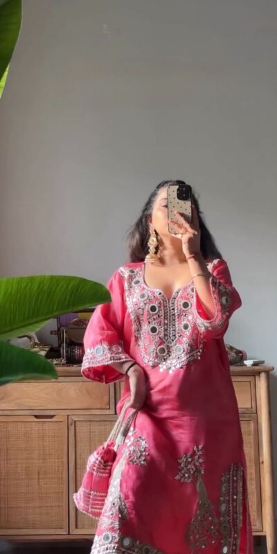 Peach Roman Silk Mirror Work Salwar Suit | Jump Suits, Tops & Bottoms, Track Suits, Salwar suit, Casual Suits, Creative suits, Designer Suits, Palazzo Suits, Party Wear Suits, Patiala Suits, Straight Suits, Trendy Wear