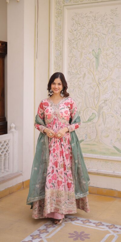 Peach Russian Silk Embroidery Zari Work Gown | Gowns, Bollywood Gowns, Creative Gowns, Designer Gowns, Embroidered Gowns, Party Wear Gowns