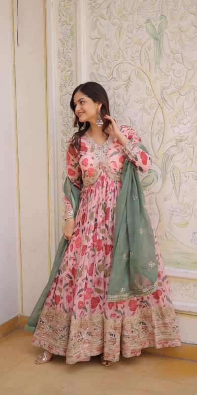 Peach Russian Silk Embroidery Zari Work Gown | Gowns, Bollywood Gowns, Creative Gowns, Designer Gowns, Embroidered Gowns, Party Wear Gowns