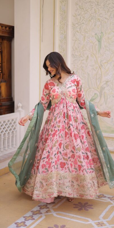 Peach Russian Silk Embroidery Zari Work Gown | Gowns, Bollywood Gowns, Creative Gowns, Designer Gowns, Embroidered Gowns, Party Wear Gowns