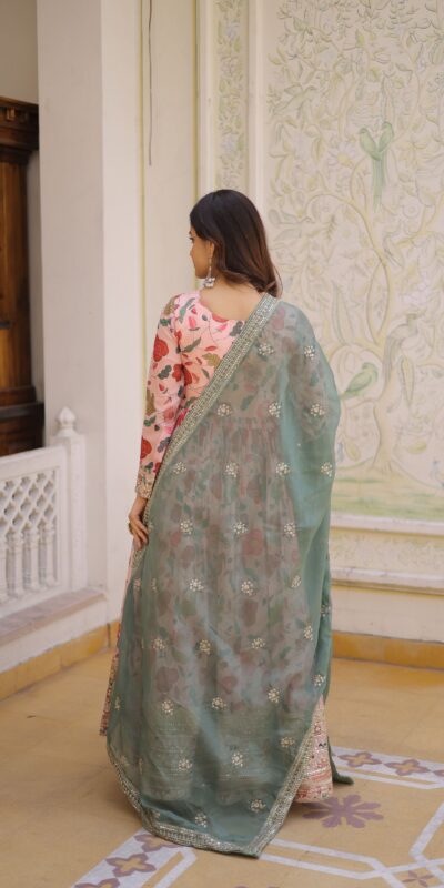 Peach Russian Silk Embroidery Zari Work Gown | Gowns, Bollywood Gowns, Creative Gowns, Designer Gowns, Embroidered Gowns, Party Wear Gowns