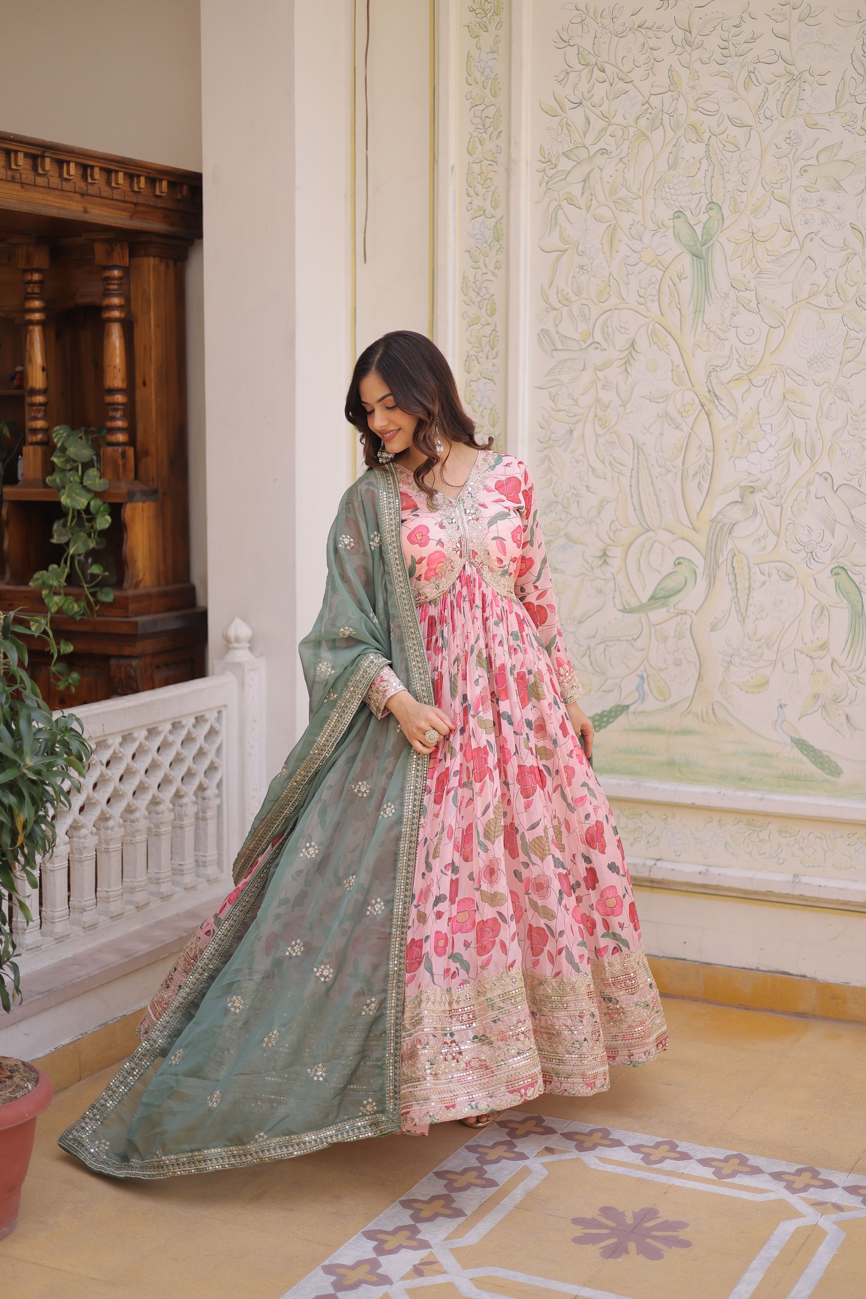 Peach Russian Silk Embroidery Zari Work Gown | Gowns, Bollywood Gowns, Creative Gowns, Designer Gowns, Embroidered Gowns, Party Wear Gowns