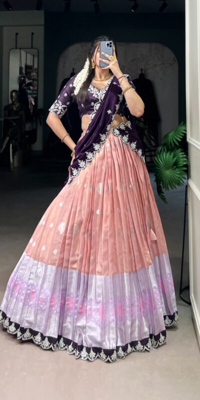 Peach Zari Kota Thread Lehenga Choli | Lehenga, Bollywood Lehenga, Creative Lehenga, Designer Lehenga, Embroidered Lehenga, Party Wear Lehenga
