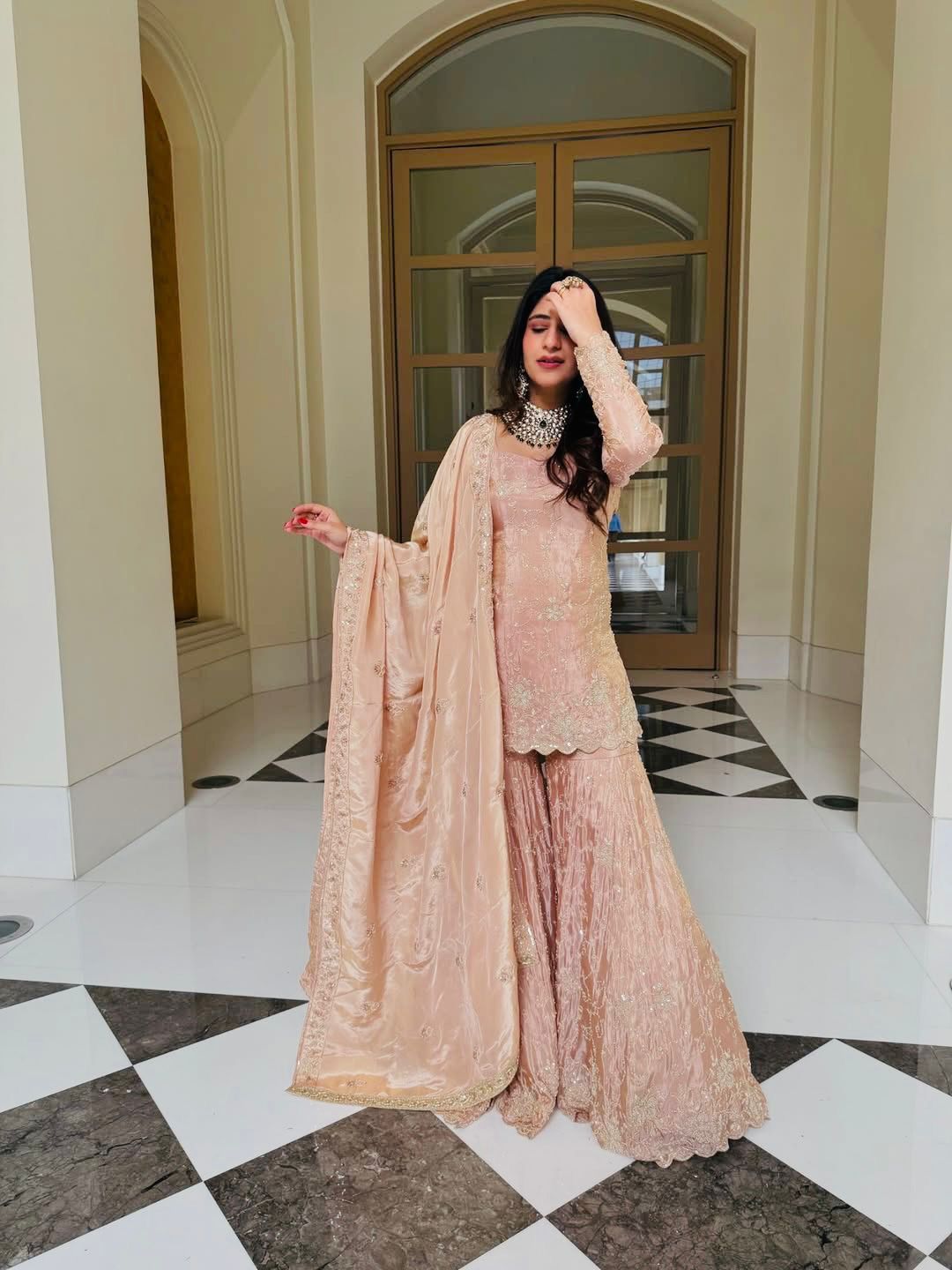 Peach Zimmy Silk Thread Sequence Work Salwar Suit | Jump Suits, Salwar suit, Casual Suits, Creative suits, Designer Suits, Palazzo Suits, Party Wear Suits, Patiala Suits, Straight Suits