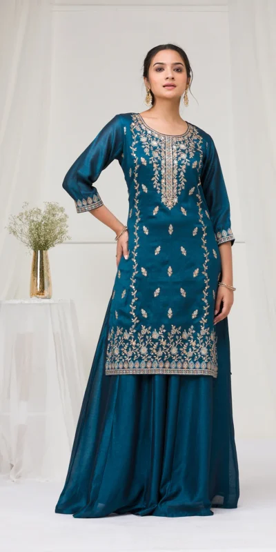 Peacock Blue Blooming Vichitra Embroidery Work Salwar Suit | Jump Suits, Tops & Bottoms, Track Suits, Salwar suit, Casual Suits, Creative suits, Designer Suits, Palazzo Suits, Party Wear Suits, Patiala Suits, Straight Suits, Trendy Wear