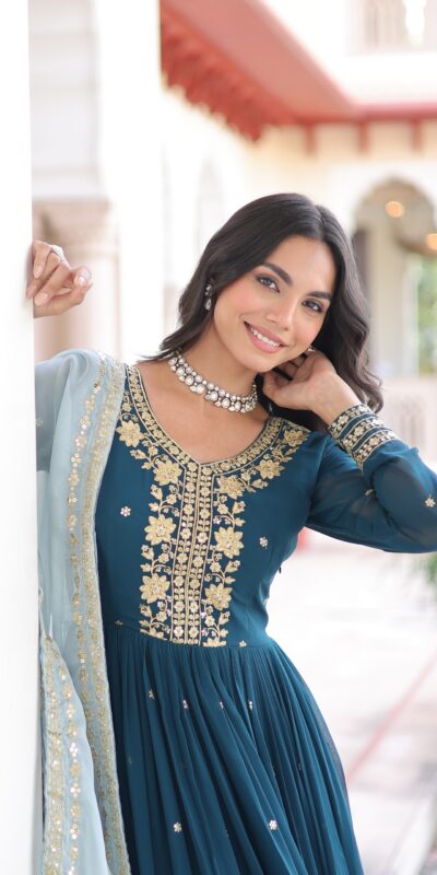 Peacock Blue Faux Georgette Sequence Work Gown | Gowns, Bollywood Gowns, Creative Gowns, Designer Gowns, Embroidered Gowns, Party Wear Gowns