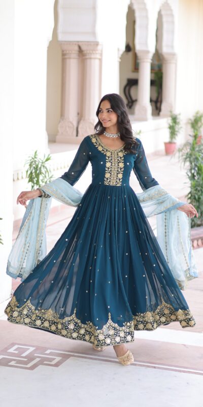 Peacock Blue Faux Georgette Sequence Work Gown | Gowns, Bollywood Gowns, Creative Gowns, Designer Gowns, Embroidered Gowns, Party Wear Gowns
