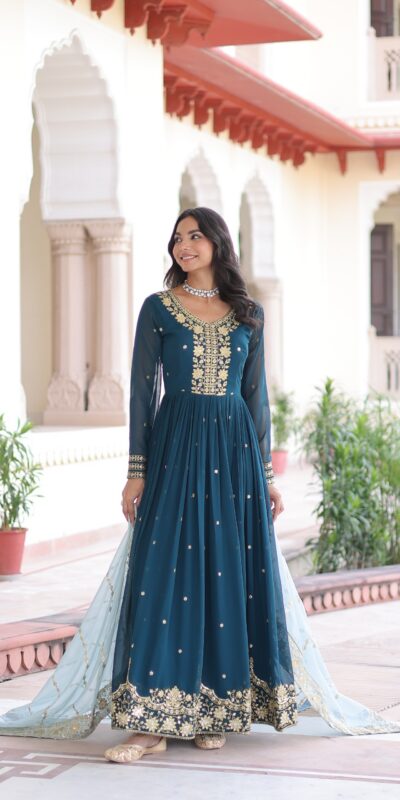 Peacock Blue Faux Georgette Sequence Work Gown | Gowns, Bollywood Gowns, Creative Gowns, Designer Gowns, Embroidered Gowns, Party Wear Gowns