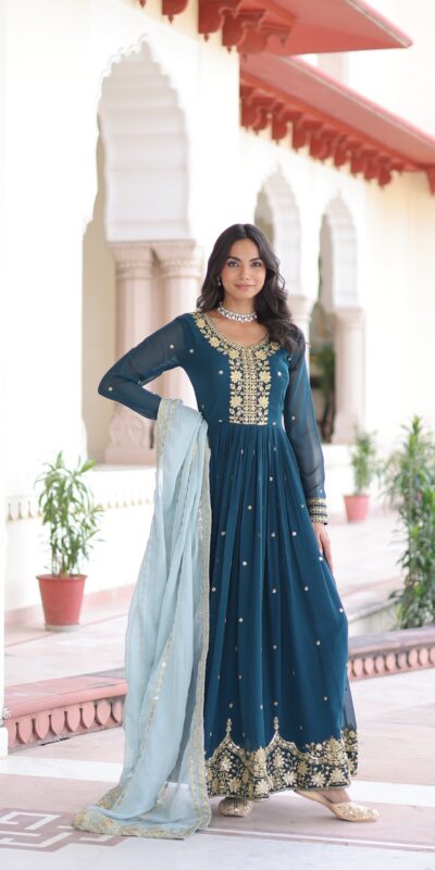 Peacock Blue Faux Georgette Sequence Work Gown | Gowns, Bollywood Gowns, Creative Gowns, Designer Gowns, Embroidered Gowns, Party Wear Gowns