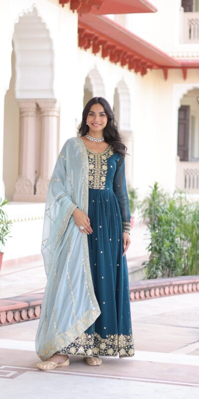 Peacock Blue Faux Georgette Sequence Work Gown | Gowns, Bollywood Gowns, Creative Gowns, Designer Gowns, Embroidered Gowns, Party Wear Gowns
