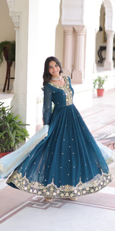 Peacock Blue Faux Georgette Sequence Work Gown | Gowns, Bollywood Gowns, Creative Gowns, Designer Gowns, Embroidered Gowns, Party Wear Gowns