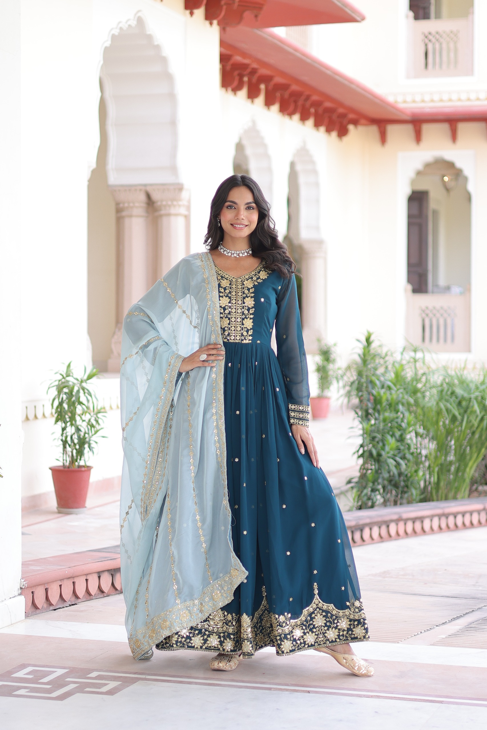 Peacock Blue Faux Georgette Sequence Work Gown | Gowns, Bollywood Gowns, Creative Gowns, Designer Gowns, Embroidered Gowns, Party Wear Gowns