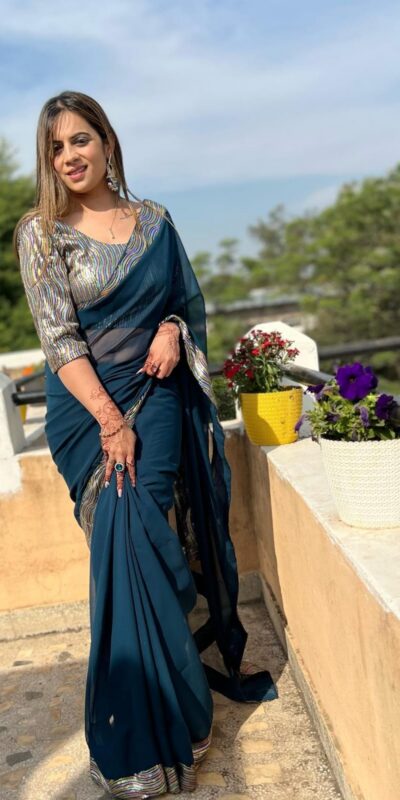 Peacock Blue Georgette Sequence Work Lace With Peiping Saree | Sarees, Bollywood Sarees, Creative Sarees, Designer Sarees, Embroidered Sarees, Ethnic Saree, Modern Digital sarees, Party Wear Sarees