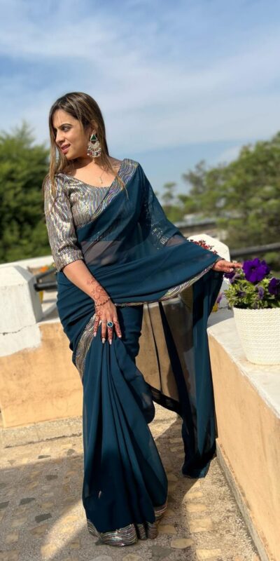Peacock Blue Georgette Sequence Work Lace With Peiping Saree | Sarees, Bollywood Sarees, Creative Sarees, Designer Sarees, Embroidered Sarees, Ethnic Saree, Modern Digital sarees, Party Wear Sarees