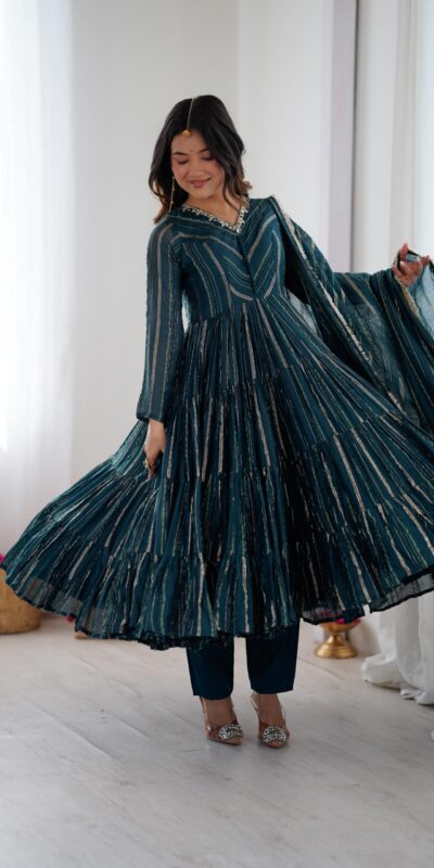 Peacock Blue Mal Chanderi Mirror Lace Work Gown | Gowns, Bollywood Gowns, Creative Gowns, Designer Gowns, Embroidered Gowns, Party Wear Gowns