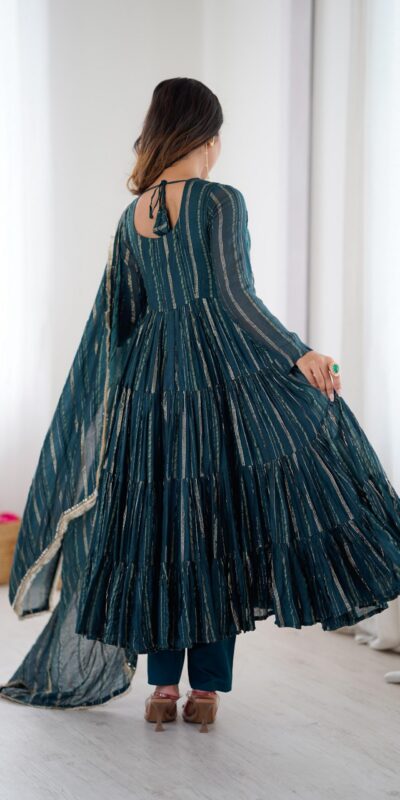 Peacock Blue Mal Chanderi Mirror Lace Work Gown | Gowns, Bollywood Gowns, Creative Gowns, Designer Gowns, Embroidered Gowns, Party Wear Gowns