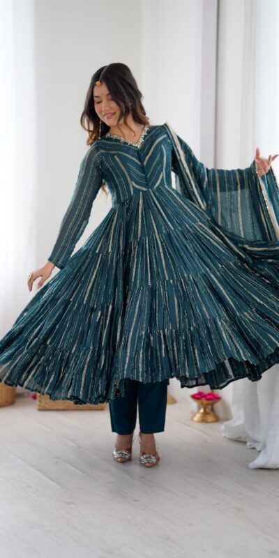 Peacock Blue Mal Chanderi Mirror Lace Work Gown | Gowns, Bollywood Gowns, Creative Gowns, Designer Gowns, Embroidered Gowns, Party Wear Gowns