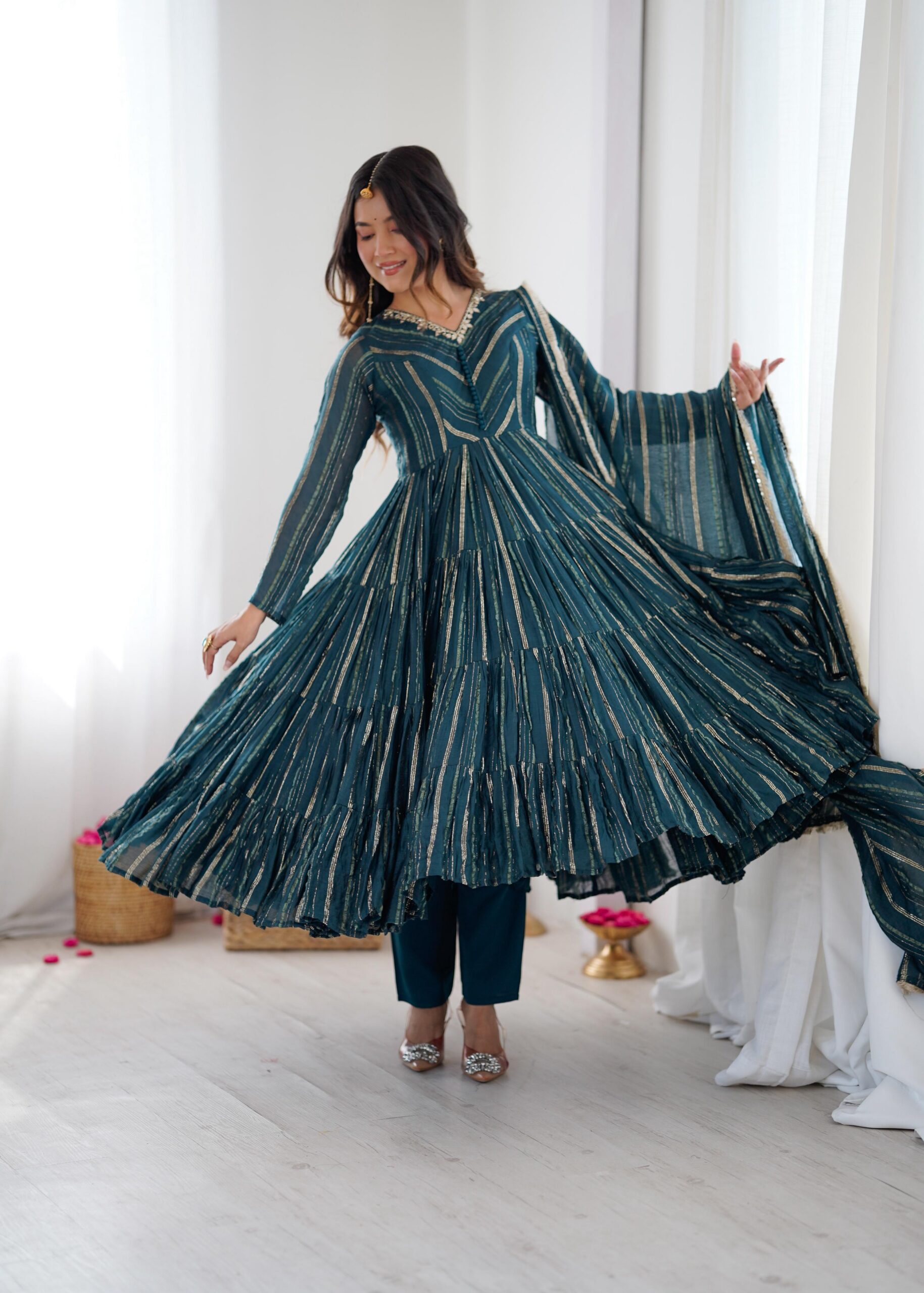 Peacock Blue Mal Chanderi Mirror Lace Work Gown | Gowns, Bollywood Gowns, Creative Gowns, Designer Gowns, Embroidered Gowns, Party Wear Gowns