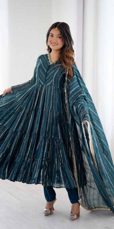 Peacock Blue Mal Chanderi Mirror Lace Work Gown | Gowns, Bollywood Gowns, Creative Gowns, Designer Gowns, Embroidered Gowns, Party Wear Gowns
