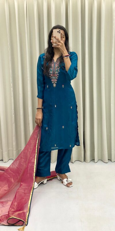 Peacock Blue Silk Hand Work Salwar Suit | Jump Suits, Salwar suit, Casual Suits, Creative suits, Designer Suits, Palazzo Suits, Party Wear Suits, Patiala Suits, Straight Suits