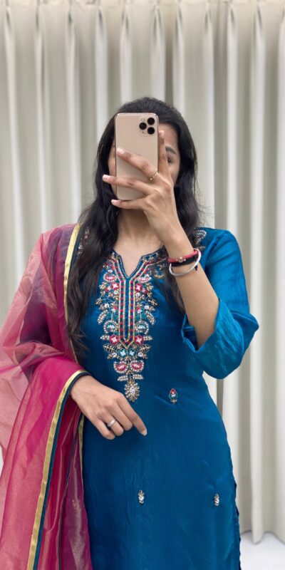 Peacock Blue Silk Hand Work Salwar Suit | Jump Suits, Salwar suit, Casual Suits, Creative suits, Designer Suits, Palazzo Suits, Party Wear Suits, Patiala Suits, Straight Suits